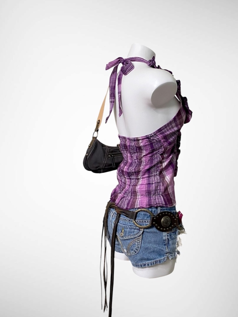 VTG Purple Plaid Ruffle Halter Top | Y2K McBling Smocked Back - Picture 4 of 7